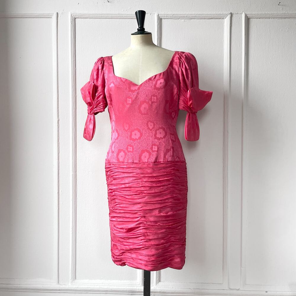 80s Vintage Silk Jacquard Ruched Party Cocktail Dress Bow Sleeves Fully Lined